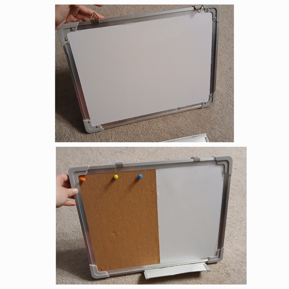 Double sided (Whiteboard + Combination Corkboard) + Markers + Pins